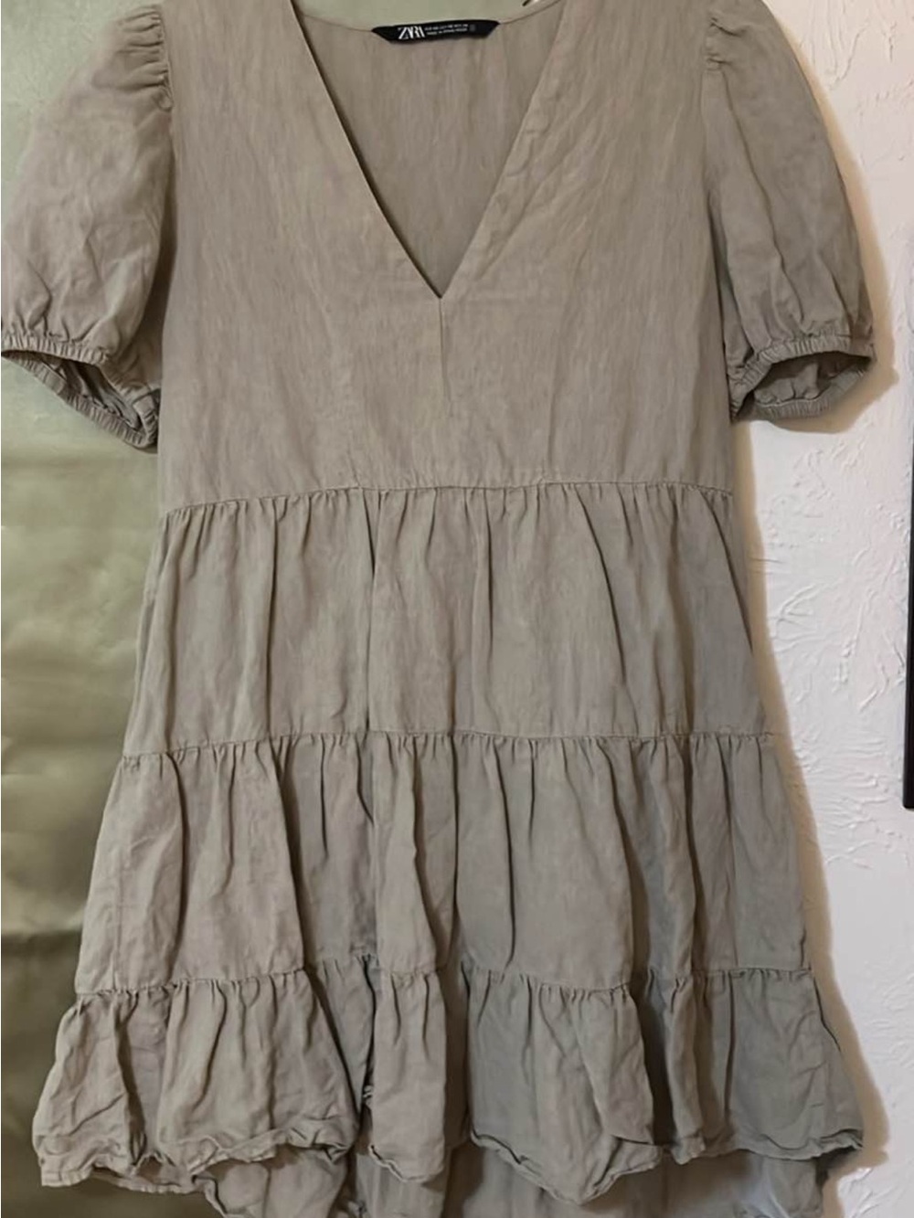 ZARA Olive-Taupe Tiered V-Neck Mini Dress